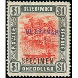Brunei 1907 Issue Specimen 1c. to $1 set of eleven overprinted "specimen" and "ultramar" in vio...