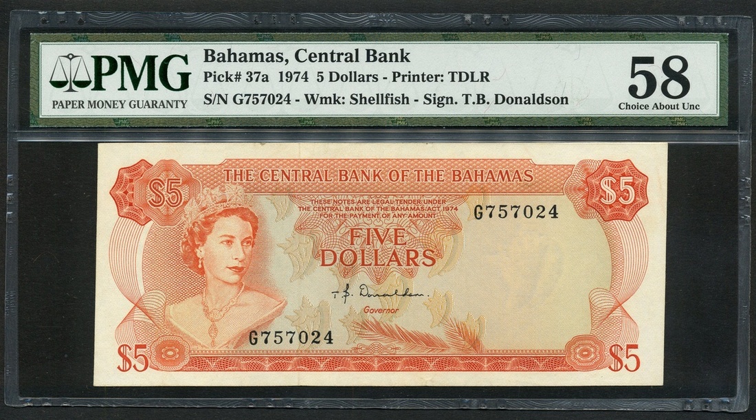 Central Bank of The Bahamas, $5, 1974, serial number K424070, (Pick 37a, TBB B302a),