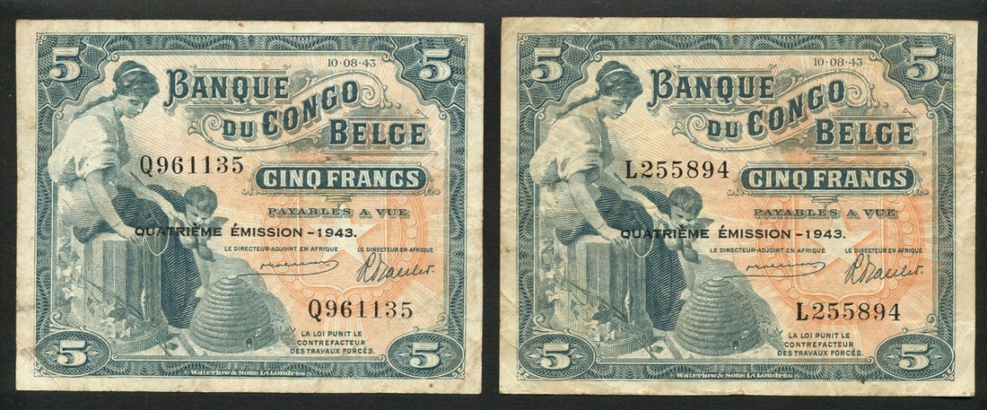 Banque du Congo-Belge, 5 francs (8), 1942-44, (Pick 13, 13A),