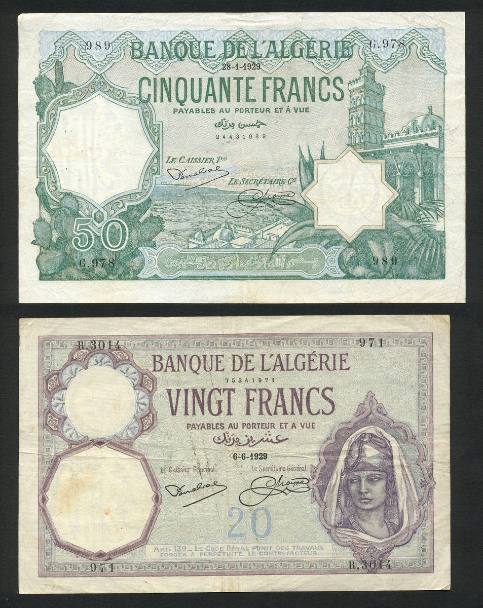 Banque de l'Algerie, 50 francs, 1929, (Pick 71, 77 (3), 78 (3), 79, 80, 84, 85, 91 (3), 92, 94,...