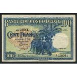 Banque du Congo-Belge, 100 francs, deuxieme emission, 1944, prefix A, (Pick 17b, TBB B219b),