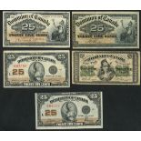 Dominion of Canada, 25 cents (5), 1870, 1900 (2), 1923 (2), (Pick 8c, 9a, 9b, 11b, 11c),