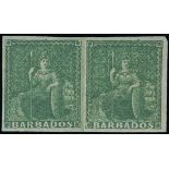 Barbados 1855-58 White Paper Issue (½d.) yellow-green horizontal pair with good to large margin...