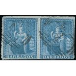 Barbados 1860 Pin-Perforated 14 (1d.) pale blue and (1d.) blue horizontal pairs both neatly can...