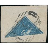 Barbados 1860 Pin-Perforated 14 (1d.) deep blue bisected diagonally and tied on small piece wit...