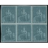 Barbados 1852-55 Blued Paper Issue (2d.) greyish slate block of six (3x2),