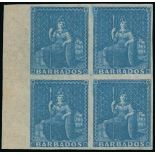 Barbados 1852 Blued Paper Issue (1d.) blue marginal block of four from the left of the sheet,