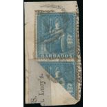 Barbados 1861 Clean-cut Perf. 14 to 16 (1d.) blue vertical pair, the lower stamp bisected diago...