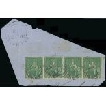 Barbados 1855-58 White Paper Issue (½d.) yellow-green strip of four with clear to very large ma...