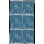 Barbados 1855-58 White Paper Issue (1d.) deep blue block of six (2x3) with good to large margin...