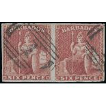 Barbados 1858 New Values 6d. deep rose-red horizontal pair with clear to large margins,