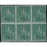 Barbados 1852-55 Blued Paper Issue (½d.) deep green block of six (3x2) with clear to large marg...