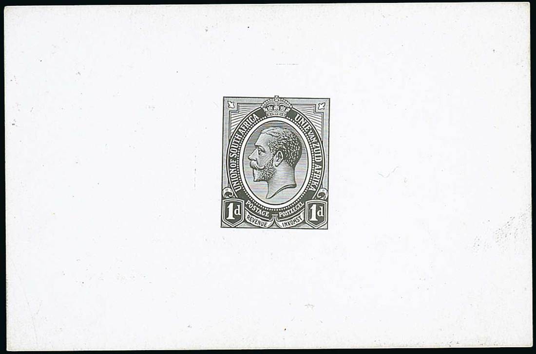 South Africa 1913-24 Issue Die Proof 1d. in black on glazed card (92x60mm.), fine and rare. S.G...