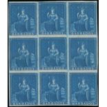 Barbados 1852-55 Blued Paper Issue (1d.) deep blue block of nine with clear to large margins,