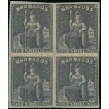 Barbados 1858 New Values 1/- black block of four with good to large margins,