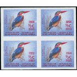 South Africa 1964-72 ½c. Kingfisher, imperforate block of four from the top of the sheet,
