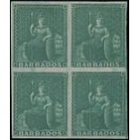 Barbados 1852 Blued Paper Issue (½d.) deep green block of four with good to large margins,