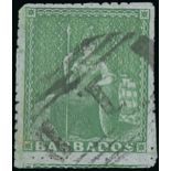 Barbados 1860 Pin-Perforated 14 (½d.) yellow-green, a large example showing portion of adjoinin...