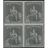 Barbados 1858 New Values 1/- brown-black block of four with clear to large margins,