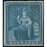 Barbados 1860 Pin-Perforated 14 (1d.) deep blue with one line of perfs. intact inside the cut l...