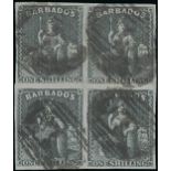 Barbados 1858 New Values 1/- black block of four with good to large margins and each neatly can...