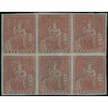 Barbados 1852-55 Blued Paper Issue (4d.) brownish red block of six (3x2) with good to large mar...