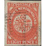 Newfoundland 1857-64 Issue 8d. scarlet-vermilion with good to very large margins, neat oval of...