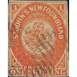 Newfoundland 1860 Issue 1/- orange-vermilion with good regular margins, large part oval of bars...