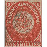 Newfoundland 1857-64 Issue 1/- scarlet-vermilion with regular margins, a rich shade neatly canc...