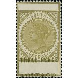 South Australia 1886-1912 "Long Stamps" 1902-04 Thin "postage" 3d. olive-green, perf 12, variet...