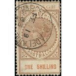 South Australia 1886-1912 "Long Stamps" 1902-04 Thin "postage" 1/- brown, variety "postage" and...