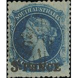 South Australia 1868-79 perf 11½-12½ "3-pence" in black on 4d. Prussian blue, fine and lightly...