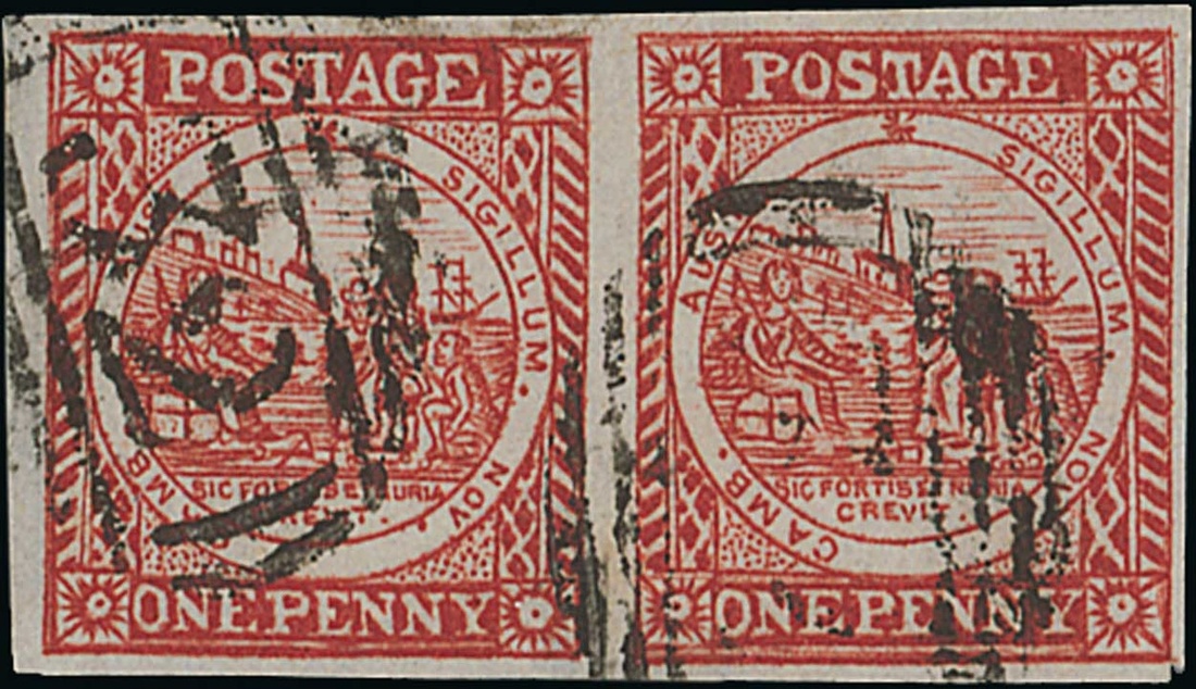 New South Wales 1850-51 Sydney Views One Penny Plate II Dull carmine pair on bluish paper, [2-3...