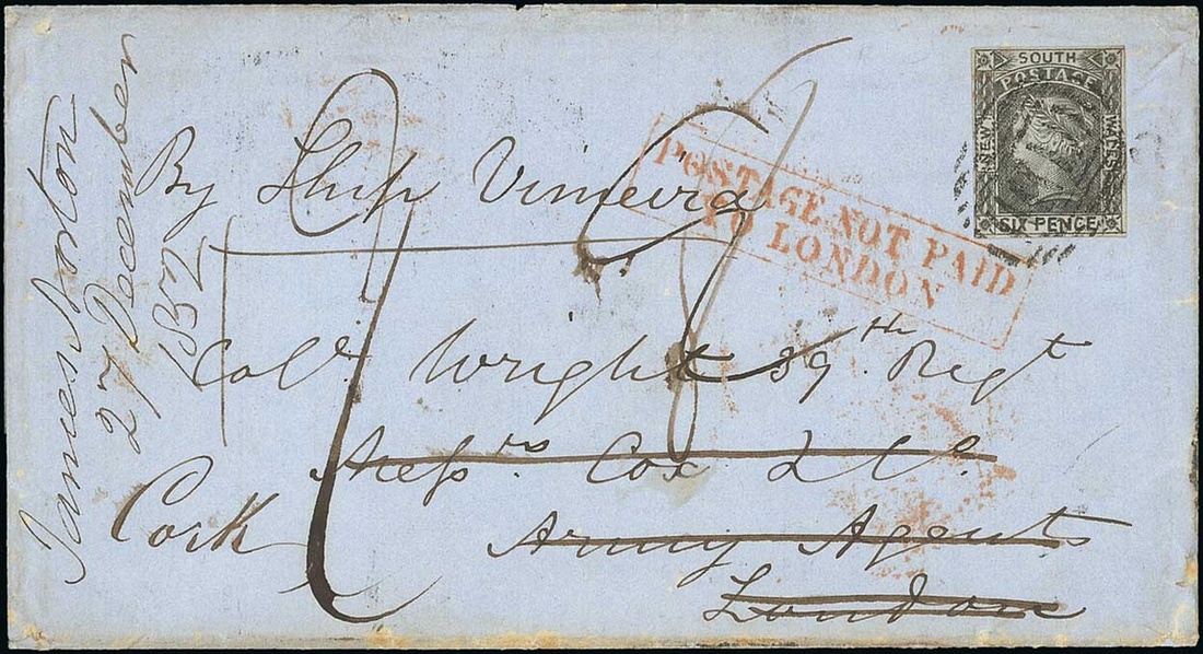 New South Wales 1851-54 Laureated Issues Covers 1853 (27 Jan.) double rate entire from Sydney t...