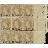 South Australia 1876-1900 wmk. Broad Star, perf 11½-12½, "8 pence" on 9d. grey-brown, a block...