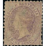 South Australia 1868-79 wmk. Large Star, perf 11½-12½, 9d. bright mauve, variety printed on bo...