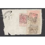 South Australia 1886-1912 "Long Stamps" 1902-04 Thin "postage" 5/- rose used with 9d. and 1/- (...