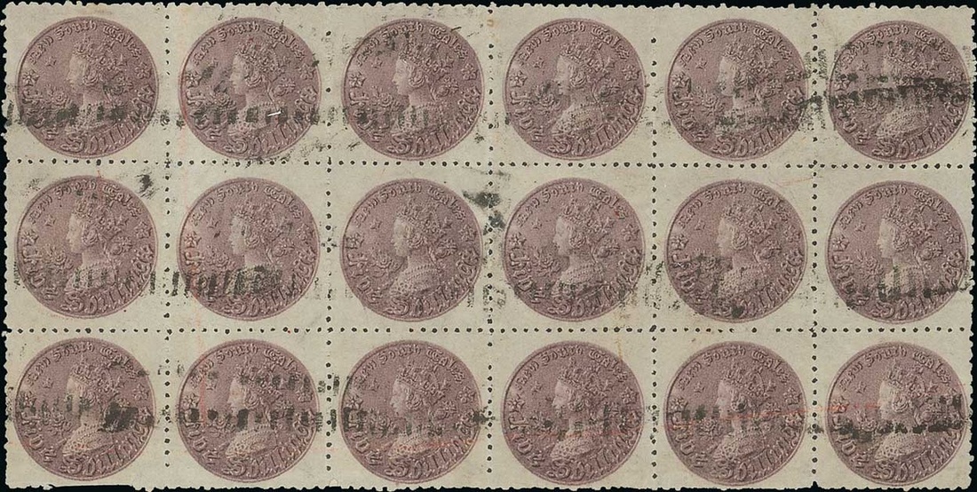 New South Wales Later Issues 1884 (Aug.) Coin perf 13 5/- cold lilac, a used block of eighteen,...