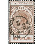 South Australia 1886-1912 "Long Stamps" 1902-04 Thin "postage" 1/- brown, variety "postage" and...