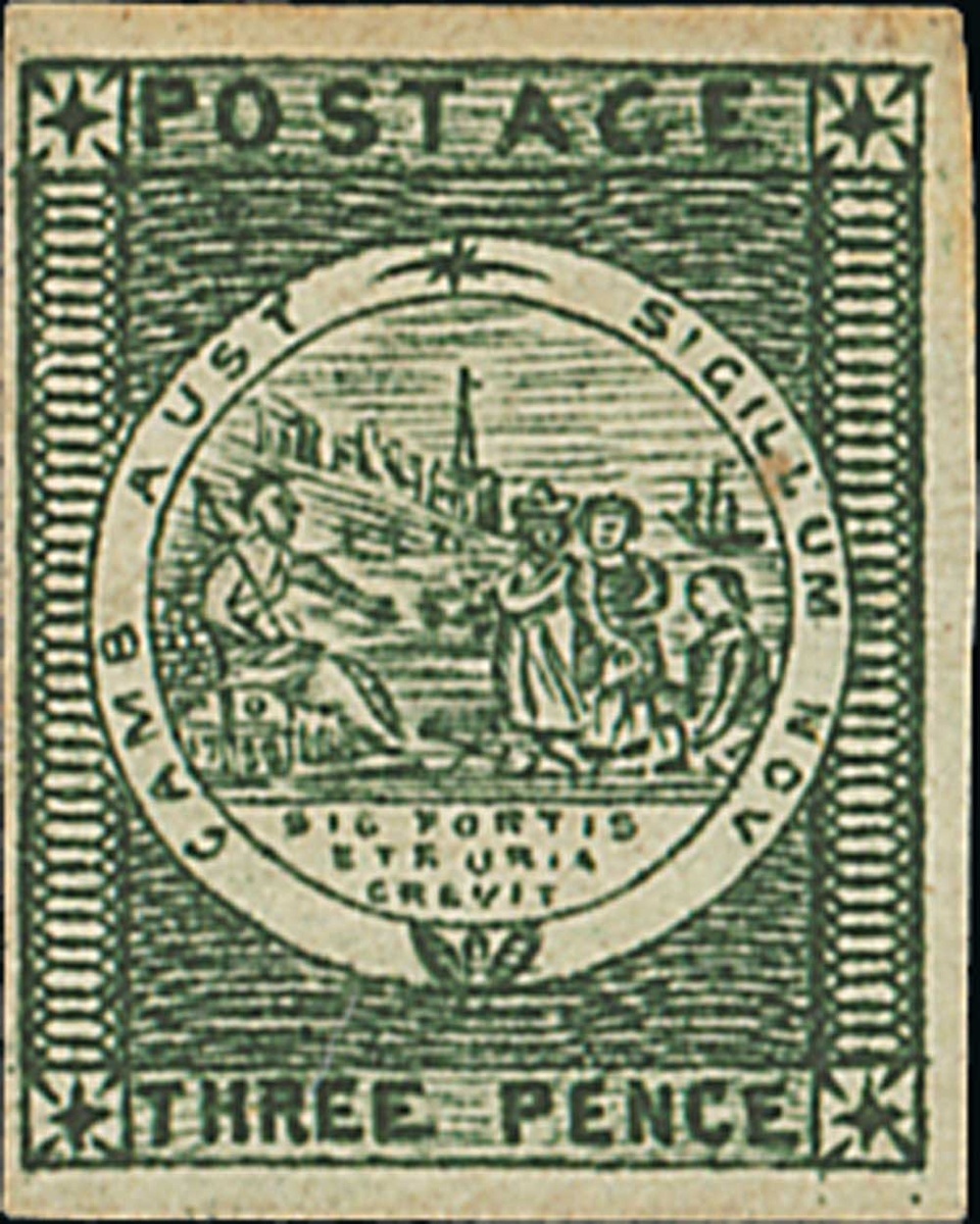 New South Wales 1850-51 Sydney Views Three Pence Plate proof in deep green on card, small to go...