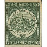 New South Wales 1850-51 Sydney Views Three Pence Plate proof in deep green on card, small to go...