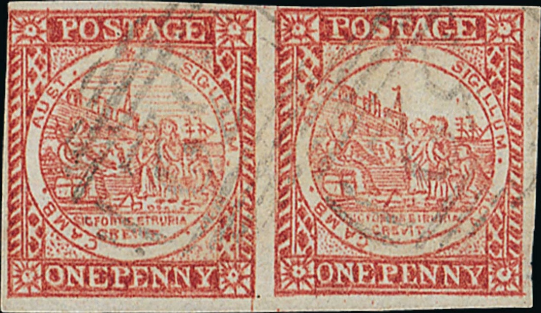 New South Wales 1850-51 Sydney Views One Penny Plate II Vermilion pair on laid paper, [14-15 wi...
