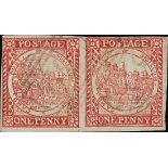 New South Wales 1850-51 Sydney Views One Penny Plate II Vermilion pair on laid paper, [14-15 wi...