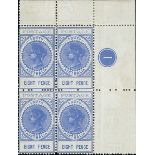 South Australia 1886-1912 "Long Stamps" 1902-04 Thin "postage" 8d. ultramarine, a top right cor...