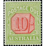 Australian Commonwealth Postage Due Stamps 1913-23 thin paper, perf 14 10/- scarlet and pale ye...