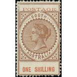 South Australia 1886-1912 "Long Stamps" 1902-04 Thin "postage" 1/- brown, variety "postage" and...