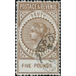 South Australia 1886-1912 "Long Stamps" 1886-96 Postage and Revenue Issued Stamps £5 brown, per...