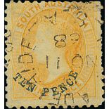 South Australia 1868-79 wmk. Large Star, perf 11½-12½, "ten pence" in blue on 9d. yellow, erro...