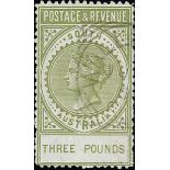 South Australia 1886-1912 "Long Stamps" 1886-96 Postage and Revenue Issued Stamps £3 sage-green...