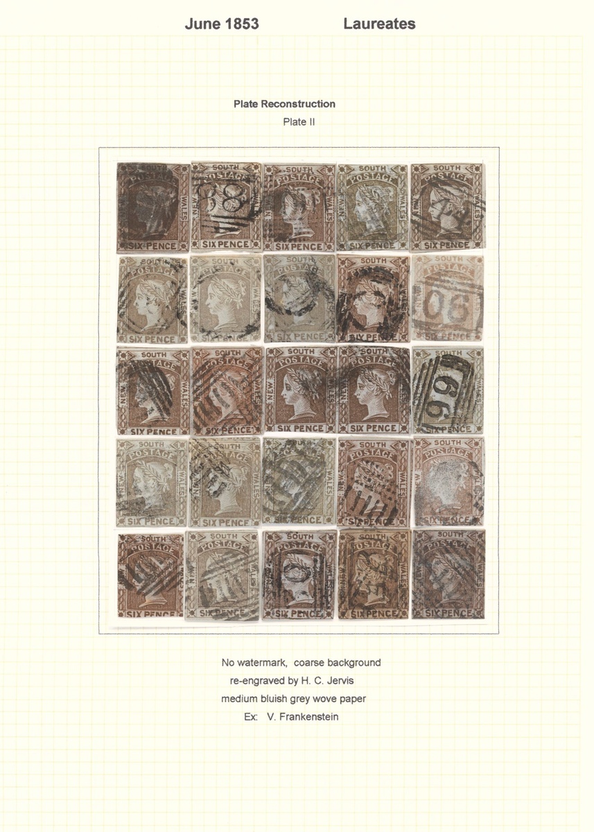 New South Wales 1851-54 Laureated Issues Unwatermarked 6d. Pl. II, a complete used reconstructi...